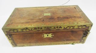 19th century walnut and burr walnut writing slope with brass string and foliate inlay, the hinged