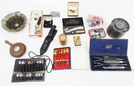 Mixed lot of collectables including Explorer Wilderness 1 knife in sheath with wet stone, cased