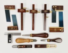 Two Crown Tools mini carpenters squares, two Marples dovetail squares (1:8 and 1:6), three various