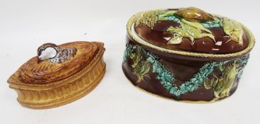 Victorian majolica oval game pie dish, cover and liner, circa 1880, unmarked but possibly