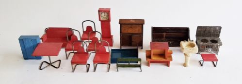 Quantity of wood and tin doll's house furniture to include longcase clock, bureau, single bed,