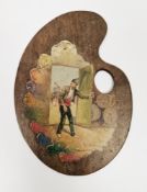 Late 19th or early 20th century wooden artist’s palette, painted with a scene of a man entering a