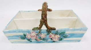 Late 19th century English majolica turquoise glazed basket, moulded with simulated coopering and