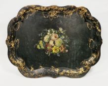 Victorian papiermache tray, of shaped outline, the centre hand-painted with floral sprays within a