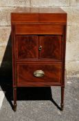 Early 19th century mahogany and satinwood string inlaid washstand, the hinged bi-fold lidded top