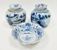 Two Chinese porcelain blue and white ginger jars and covers, Qing Dynasty, each painted with a