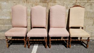 Set of four dining chairs in the 17th century manner, having arched top rails,, upholstered backs
