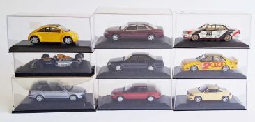Nine cased diecast Pauls Model Art Minichamps, Onyx, Schuco, model cars to include Schuco VW Passant