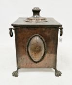 Copper coal box in the Regency manner, of square tapered form, the lift off lid with domed finial,