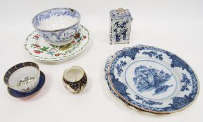 Collection of English and continental pottery and porcelain, including a Delftware plate painted