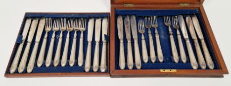 Late Victorian/Edwardian mahogany canteen of silver plated cutlery, in two trays, comprising eight