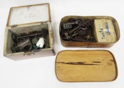 Quantity large antique and later iron keys and locks, in Shaker-style box and mahogany box (2 boxes)