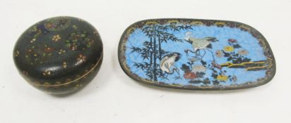 Japanese Meiji period (1868-1912) cloisonne shaped oval dish decorated with cranes amongst bamboo