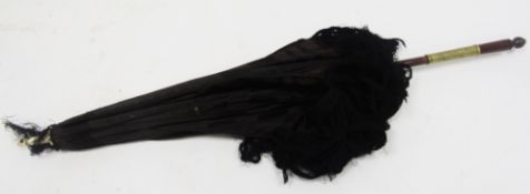 1920's dark fabric parasol with black fringe, small size possibly for a child or doll, having a