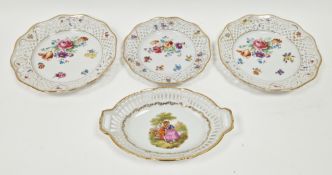 Three 20th century Dresden pierced dessert plates, in sizes and a continental porcelain two-