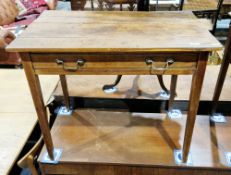 George III oak side table, the rectangular top over a single drawer with two brass swan neck drop