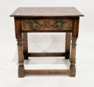 17th century or later oak side table, the rectangular top with thumbmoulded edge, over a single