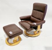 Ekornes Stressless easy chair with matching stool, both upholstered in brown leather, on a beech