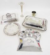 Collection of silver plate including two lidded rectangular tureens, circular calling card tray,