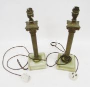 Pair of gilt brass Corinthian column table lamps on stepped square green onyx bases with gilt