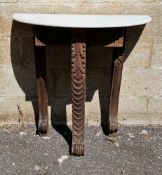 19th century demi-lune side table, comprising a matched marble top on an oak base with three