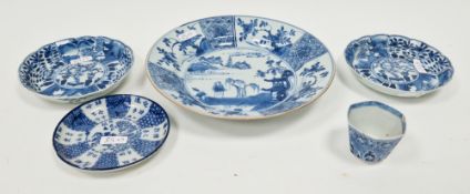 Chinese porcelain blue and white Kangxi hexagonal section tapering beaker, painted with a lappet-