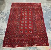 Persian Bokhara style red ground wool rug, decorated with three rows of guls within a deep border,