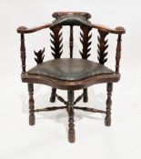 Victorian mahogany tub corner chair having an upholstered scrolling crest, scrolling arms with
