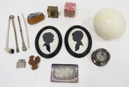 Mixed lot of collectables including an undecorated ostrich egg, pair of oval silhouette pictures,