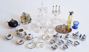 Quantity of glass doll's house furniture to include blue and white tea/coffee service, fireside set,