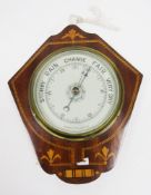 Edwardian mahogany and satinwood inlaid wall hanging aneroid barometer of lozenge form, 24cm high