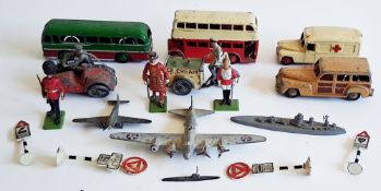 Playworn Dinky, Gil Co, Britains models to include Dinky 253 Daimler ambulance, 29c Leyland double