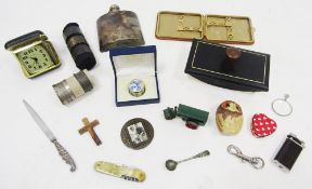 Mixed lot of collectables including silver plated curved hipflask, cased Crummles enamel pill box,