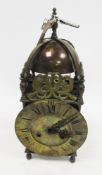 Brass lantern clock in the 18th century manner, the dial with two winding holes, Roman and minute