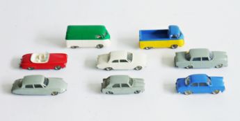 Eight Lego HO cars to include Mercedes 220 S, Morris-1100, Mercedes 190 SL, Ford Tanus 17M,