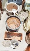 Two glazed plant pots, a small terracotta trough and other items