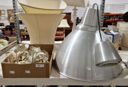 Pair of metal foliate wall lights with glass pendant drops and a modern aluminium industrial-style