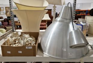 Pair of metal foliate wall lights with glass pendant drops and a modern aluminium industrial-style