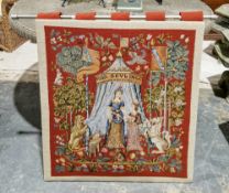 Contemporary tapestry on chromed rail, a vintage brown leather satchel, an Art Deco beadwork