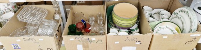 Four boxes of assorted glass and china to include Royal Doulton 'Expressions' part tea/dinner