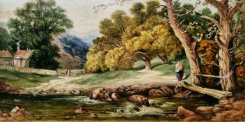 Thomas Cafe (1817-1909) Oil on card 'Welsh Landscape', rural scene with woman and child on bank of