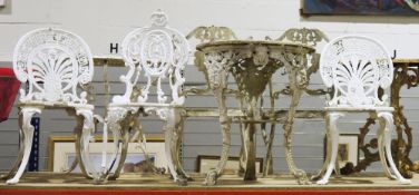 Cast aluminium round white painted garden patio table, 62cm diameter, a pair of cast aluminium