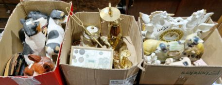 Two porcelain and gilt metal mounted mantel clocks, a group of pottery animals including Country