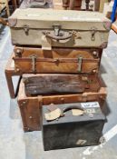 Five vintage suitcases including leather and canvas examples (5).