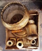 Box of brassware including a Middle Eastern globular jardiniere with frilled rim, decorated with a