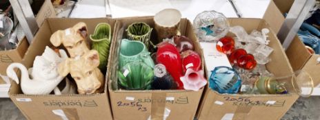 Three boxes of assorted china and glassware to include a pair of Sylvac pottery terriers, a