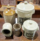 Collection of stoneware kitchen jars and covers named for bread with printed Moira marks, flour, a