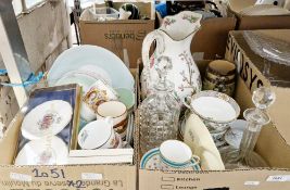 Two boxes of china and glassware to include a large Coalport jug with floral decoration, a Doulton