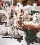Quantity of moulded garden figures and animals in various materials, including a fawn, donkeys,
