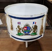 Mid-20th century wooden coffee table in the form of a drum with cord tassels, decorated with painted